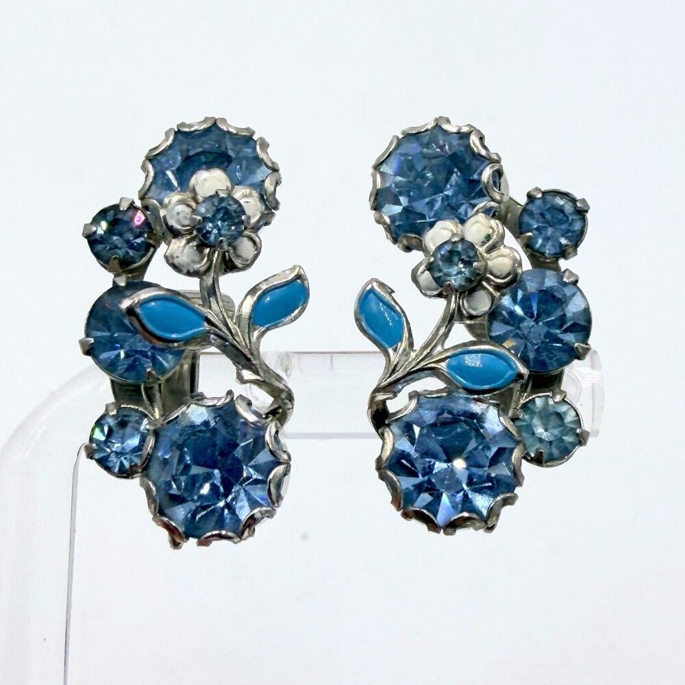 Kramer NY Blue Rhinestone Floral Clip On Earrings Vintage Silver Tone